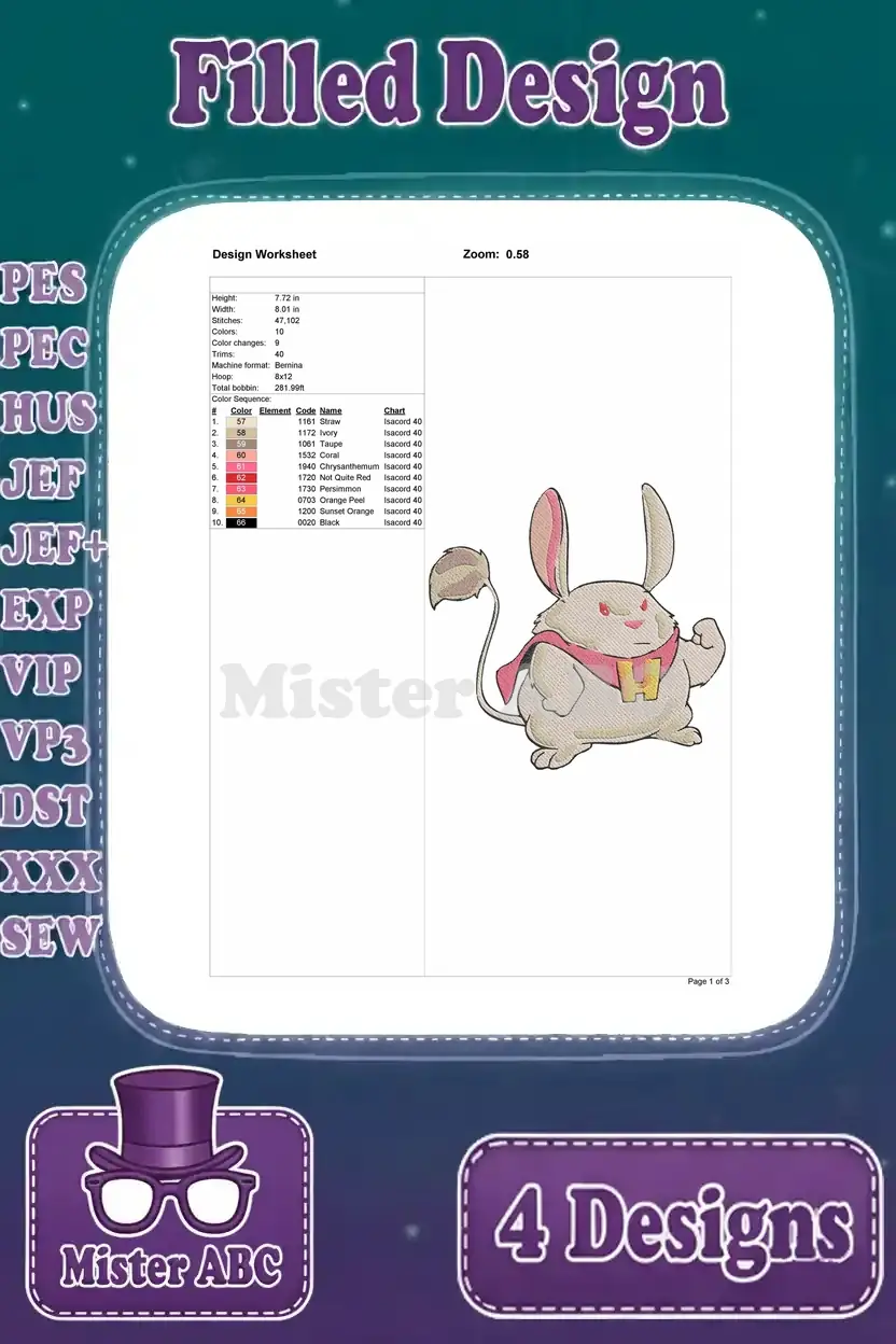 Design worksheet for the fantasy rabbit character's filled embroidery, including size, stitches, and colors.
