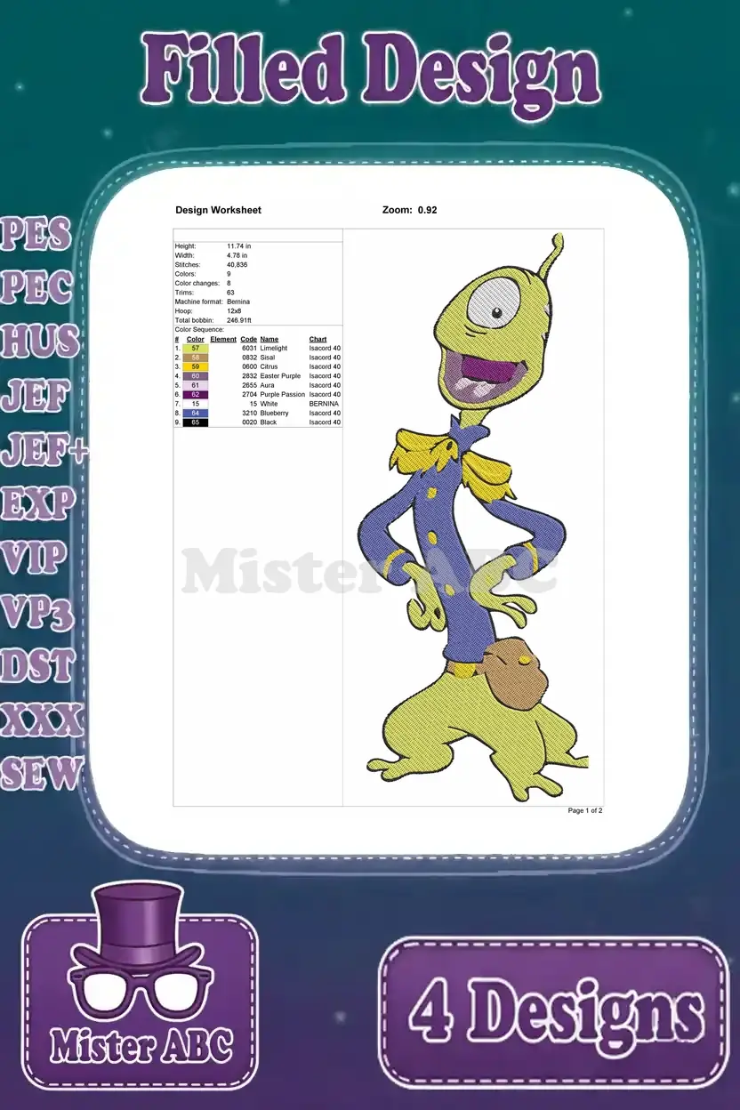 Design worksheet for Pleakley's filled embroidery, detailing dimensions, stitch count, and thread colors.