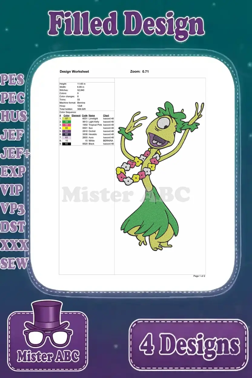 A design worksheet for the Agent Pleakley filled embroidery design, detailing dimensions, stitch count, and color sequence.