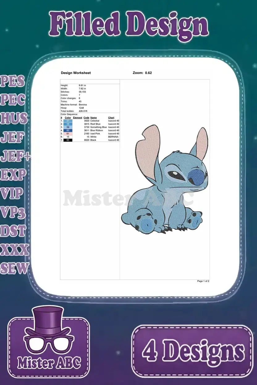 A design worksheet for the Stitch (Experiment 626) filled embroidery design, detailing dimensions, stitch count, and color sequence.