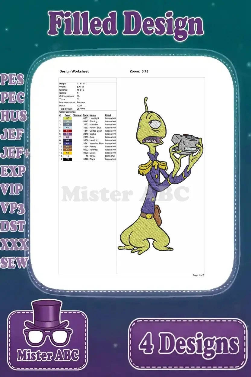 A design worksheet for the Dr. Jumba Jookiba filled embroidery design, detailing dimensions, stitch count, and color sequence.