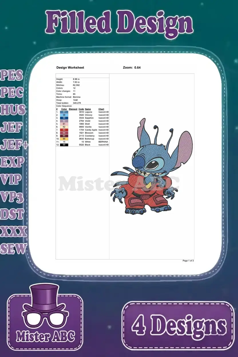 Design worksheet for the filled embroidery of Stitch in his red suit, outlining technical specifications and thread colors.