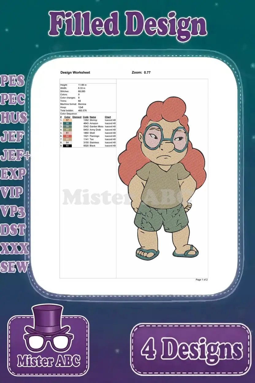 Design worksheet for the filled embroidery of Mertle Edmonds, detailing dimensions, stitch count, and color sequence.