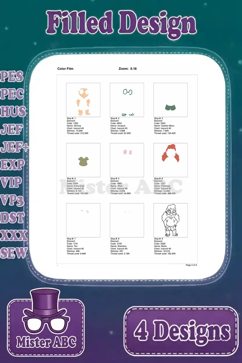 Color film breakdown for the Mertle Edmonds filled embroidery design, illustrating the stitching order and thread usage.