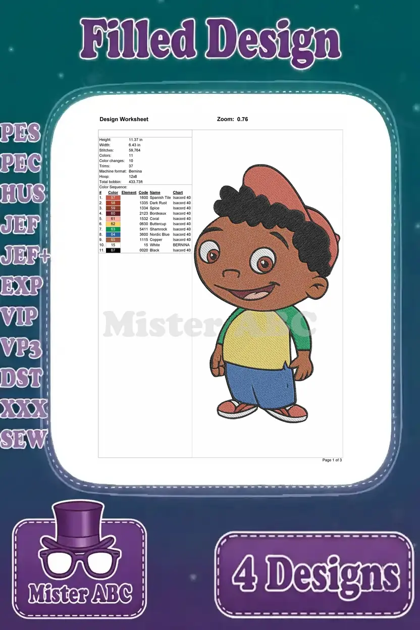 Detailed design worksheet for the Leo standing embroidery design, showing thread colors, stitch count, and dimensions.