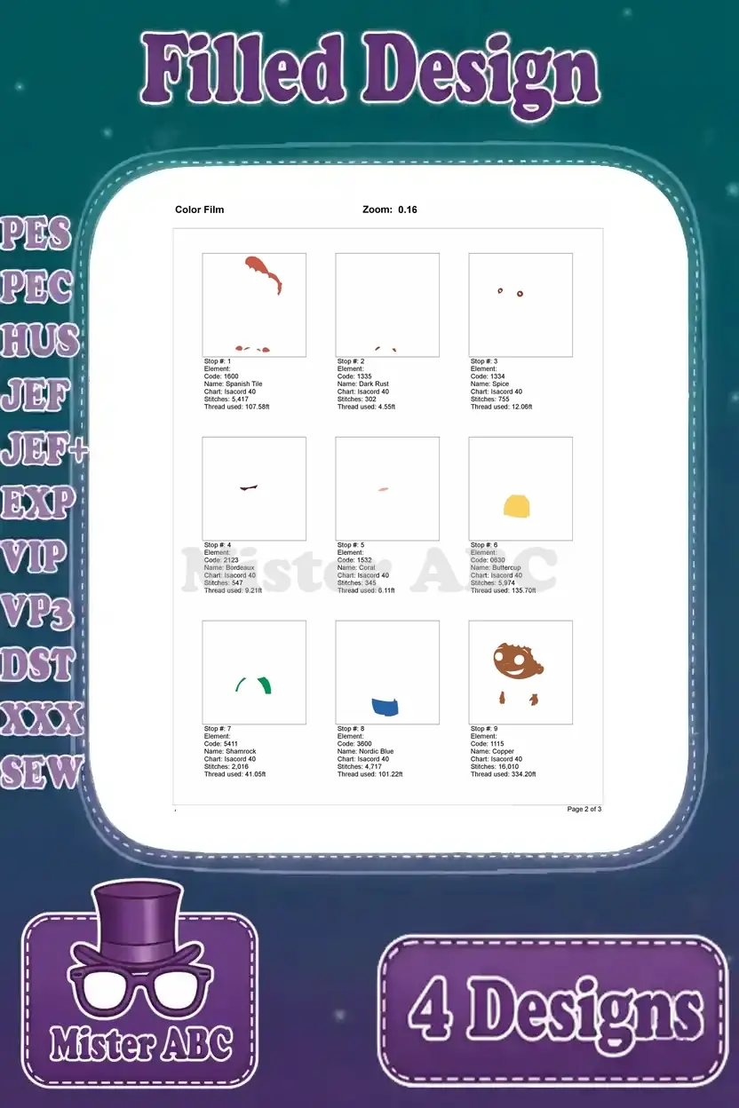 Color film breakdown for the Leo standing embroidery design, showing individual stitch stops for various colors.