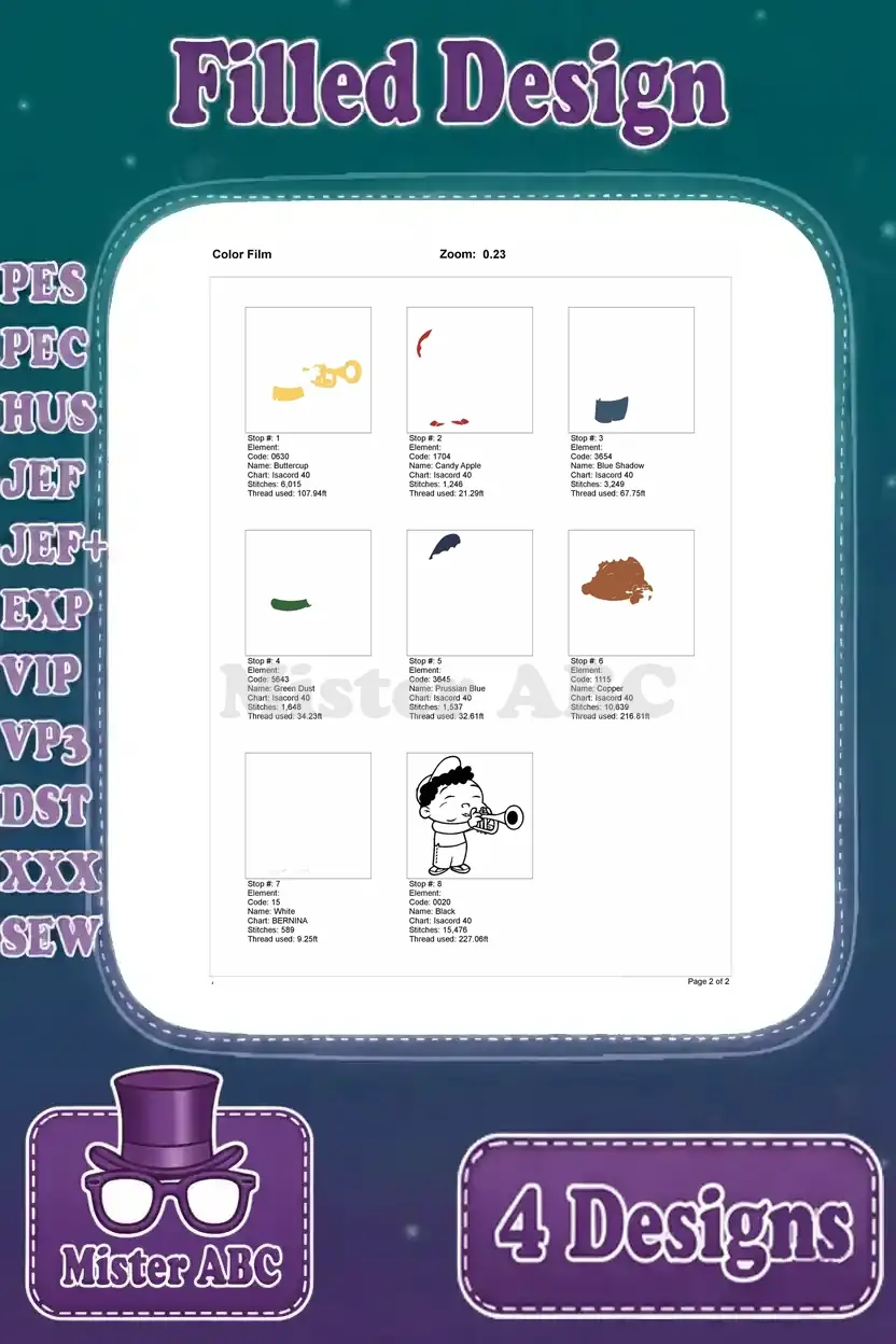Color film breakdown for Leo playing the trumpet embroidery design, showing individual stitch stops for colors.