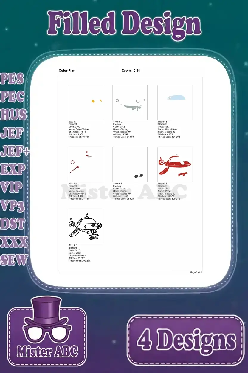 Color film breakdown for the Rocket ship embroidery design, showing individual stitch stops for various colors.
