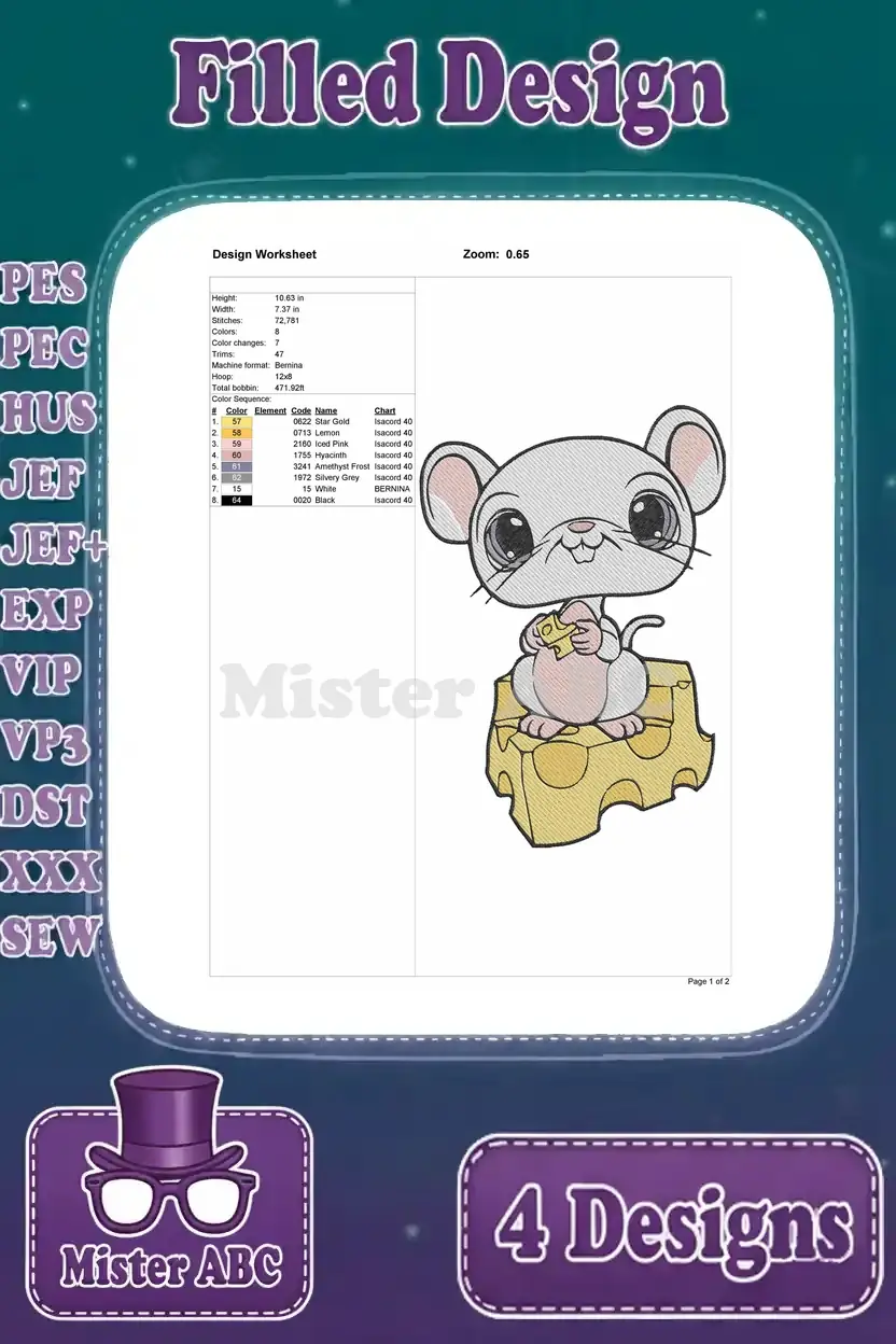 Detailed design worksheet for the cute gray mouse embroidery, showing stitch count, size, and thread color sequence.