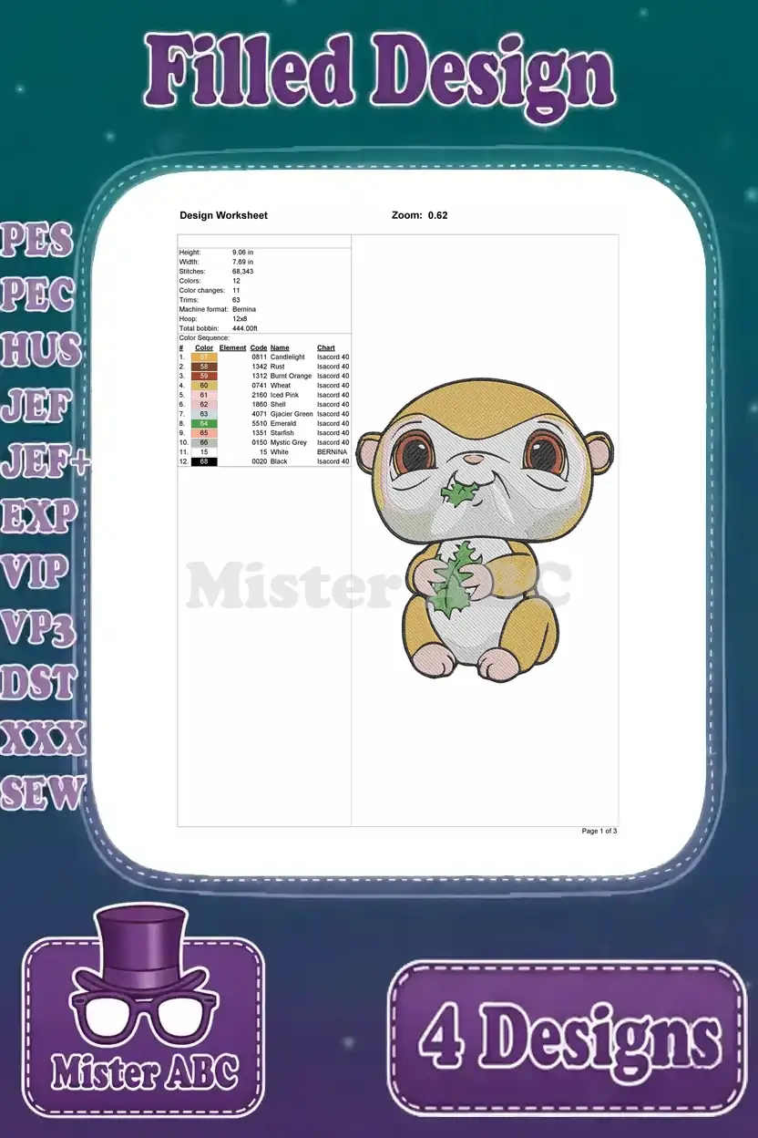 Design worksheet for the cute brown monkey eating a leaf, detailing stitch count, size, and color sequence.