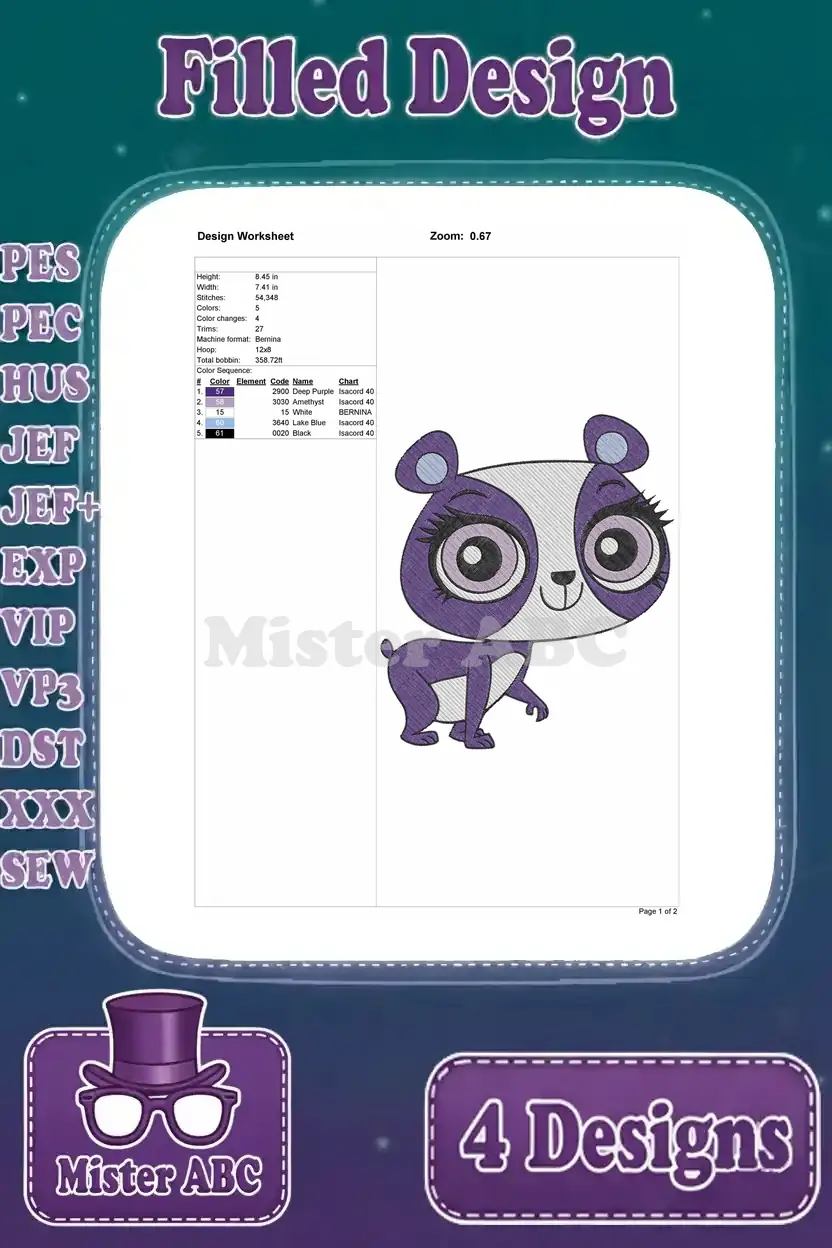 Design worksheet for the cute purple panda embroidery, detailing stitch count, size, and thread color sequence.