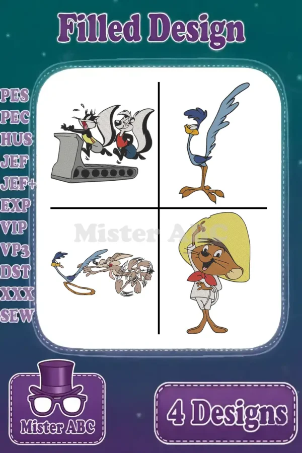 Bundle of four Looney Tunes filled embroidery designs featuring Pepe Le Pew, Road Runner, Wile E. Coyote, and Speedy Gonzales.