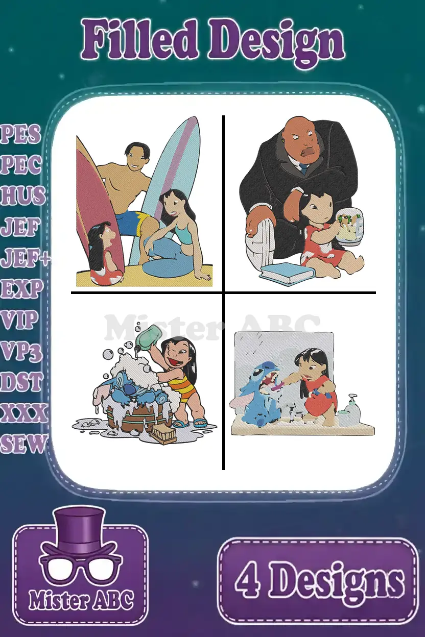 A vibrant bundle of four Lilo & Stitch filled embroidery designs featuring Lilo, Stitch, David, and Cobra Bubbles.