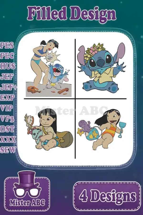 A vibrant bundle of four Lilo & Stitch filled embroidery designs, showcasing Stitch with a lei, Lilo with Scrump, Lilo and Stitch fighting, and Lilo playing with an octopus. Perfect for Disney fans and crafters.