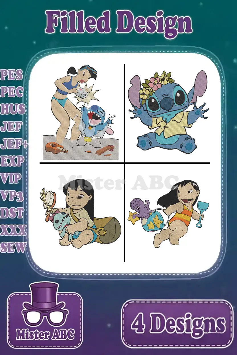 A vibrant bundle of four Lilo & Stitch filled embroidery designs, showcasing Stitch with a lei, Lilo with Scrump, Lilo and Stitch fighting, and Lilo playing with an octopus. Perfect for Disney fans and crafters.
