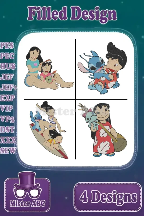 Four vibrant Lilo & Stitch filled embroidery designs including Lilo, Nani, and Stitch in various heartwarming scenes.