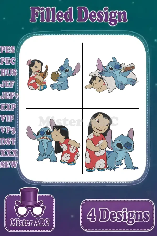 Four vibrant Lilo & Stitch filled embroidery designs, showcasing various poses, perfect for Disney fans and crafters.