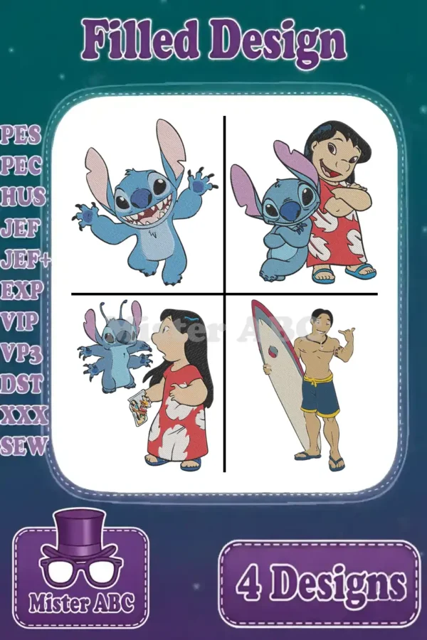 A vibrant collage of four Lilo & Stitch filled embroidery designs: solo Stitch, Lilo with Stitch, and David with surfboard.