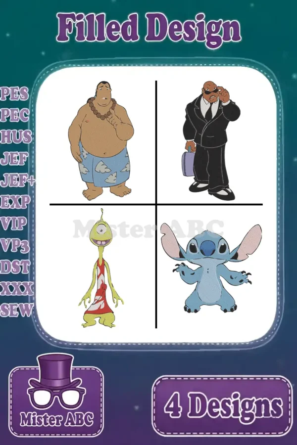 A vibrant embroidery design bundle featuring Jumba, Pleakley, David, and Stitch, showcasing various file formats available.