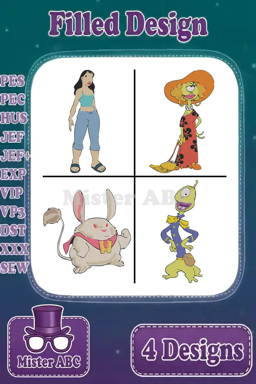 Main product image displaying a bundle of four distinct filled embroidery designs including Lilo, Ms. Frizzle, a fantasy rabbit, and Pleakley.