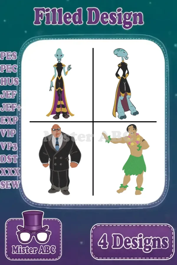 A vibrant main product image showcasing four distinct Lilo & Stitch filled embroidery designs, including Pleakley, Gantu, and David Kawena, ready for various projects.
