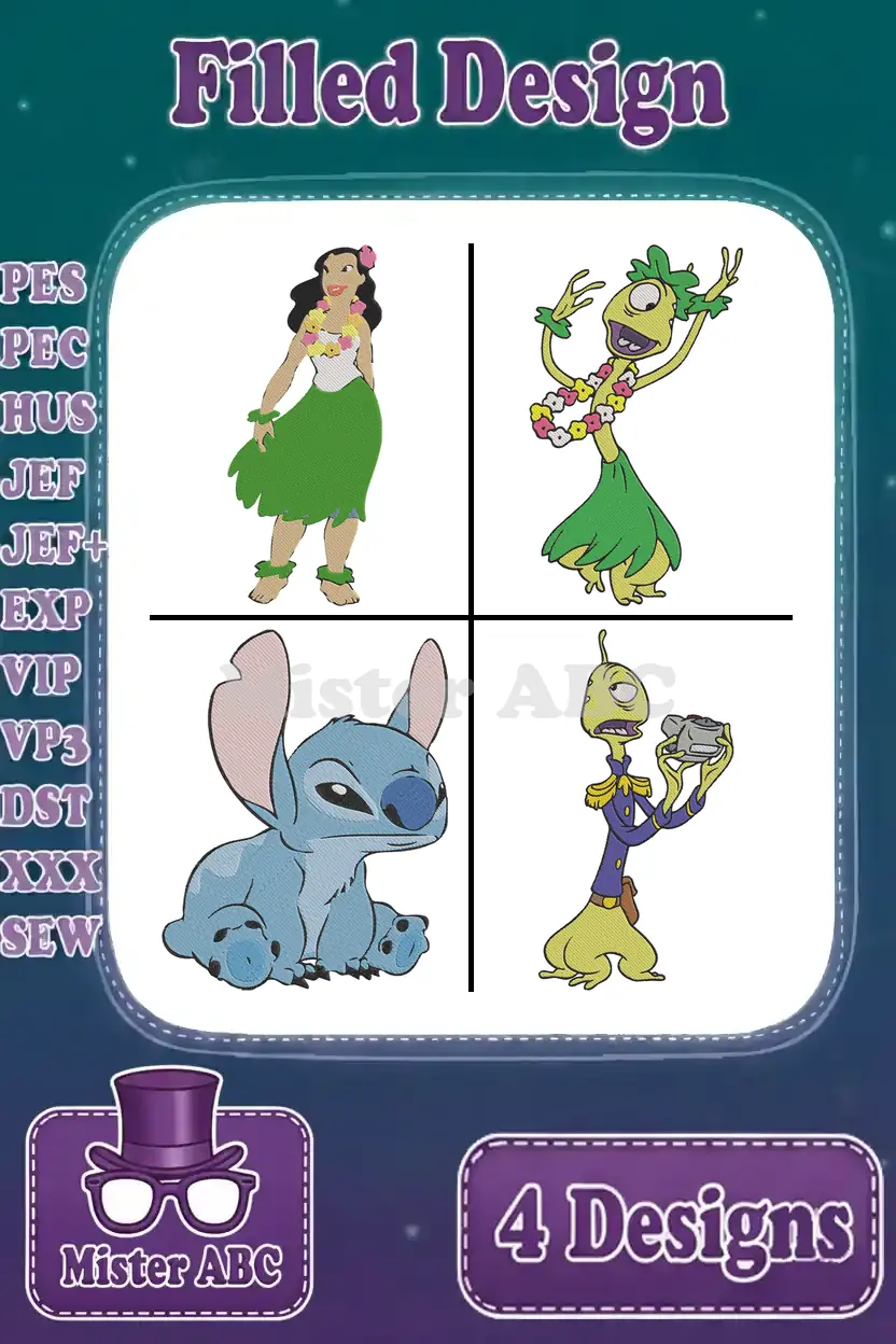 A vibrant digital image showcasing four Lilo & Stitch filled embroidery designs: Nani, Pleakley, Stitch, and Jumba.