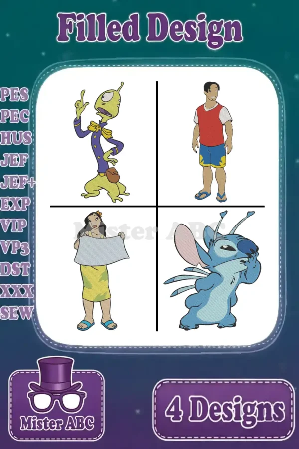 A vibrant Lilo & Stitch embroidery bundle showcasing Pleakley, David, Nani, and Stitch in detailed filled designs.