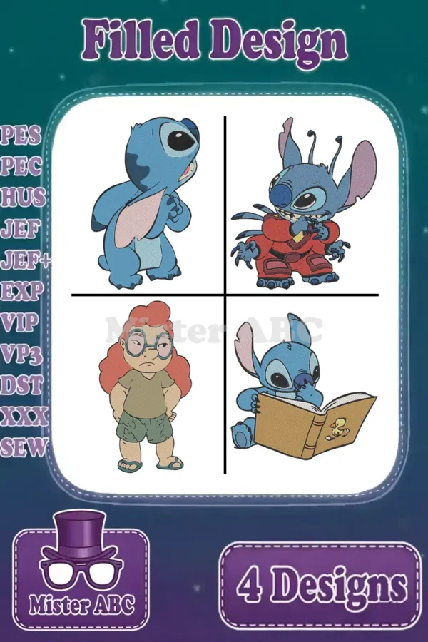 A vibrant collection of four filled embroidery designs, including Stitch in varied poses and Mertle Edmonds. Essential for fans.