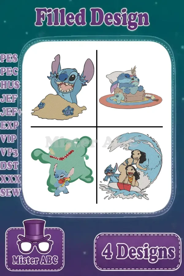 Main image showing four vibrant Lilo & Stitch filled embroidery designs: Stitch in sand, sleeping, with a green monster, and surfing with Lilo.