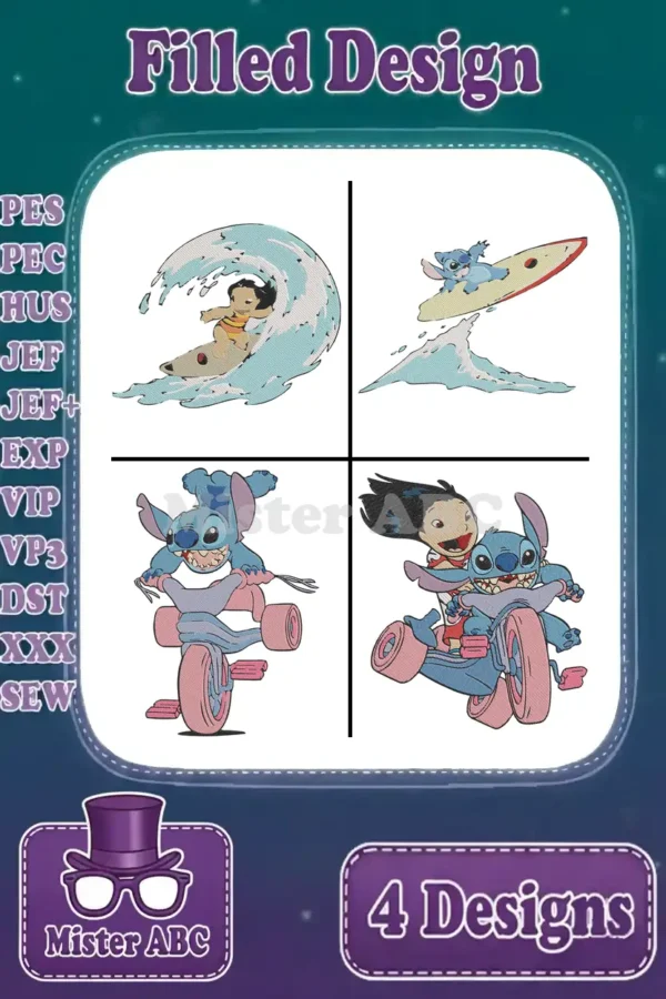 Four adorable Lilo & Stitch filled embroidery designs, including surfing scenes and tricycle fun, displaying all supported machine formats for crafters.