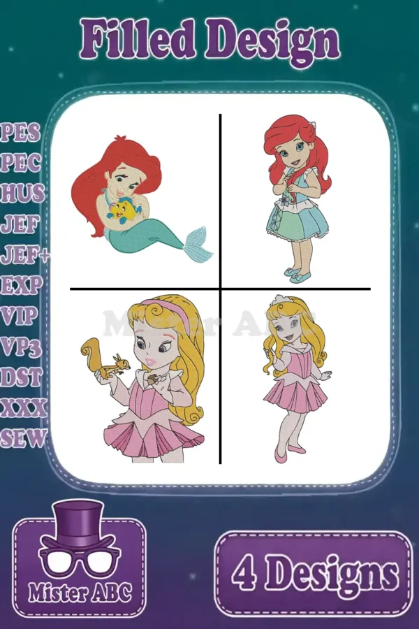 A collage of four filled embroidery designs featuring Ariel as a mermaid and princess, and Aurora in two poses.