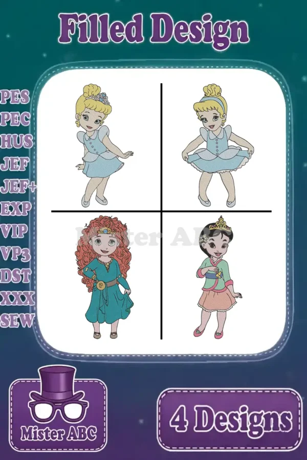 A collection of four filled embroidery designs: two poses of Cinderella, Merida, and Mulan, detailing stitch formats.