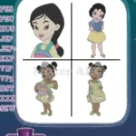 Disney Princesses Young Mulan Portrait And Young Tiana In Various Poses - Filled Embroidery Design - Instant Download