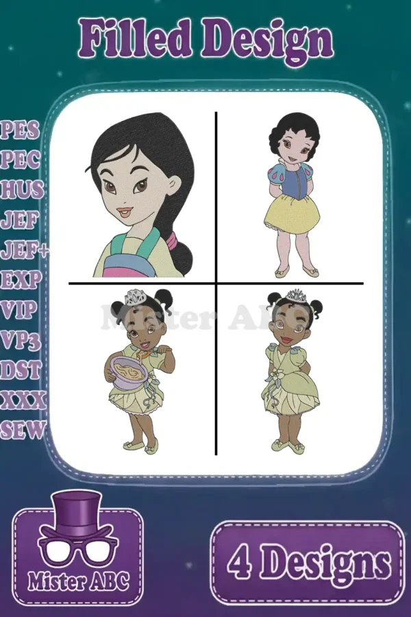 Main product image showing four filled embroidery designs: Mulan, Snow White, and two Tiana poses. Highlights multiple file formats.