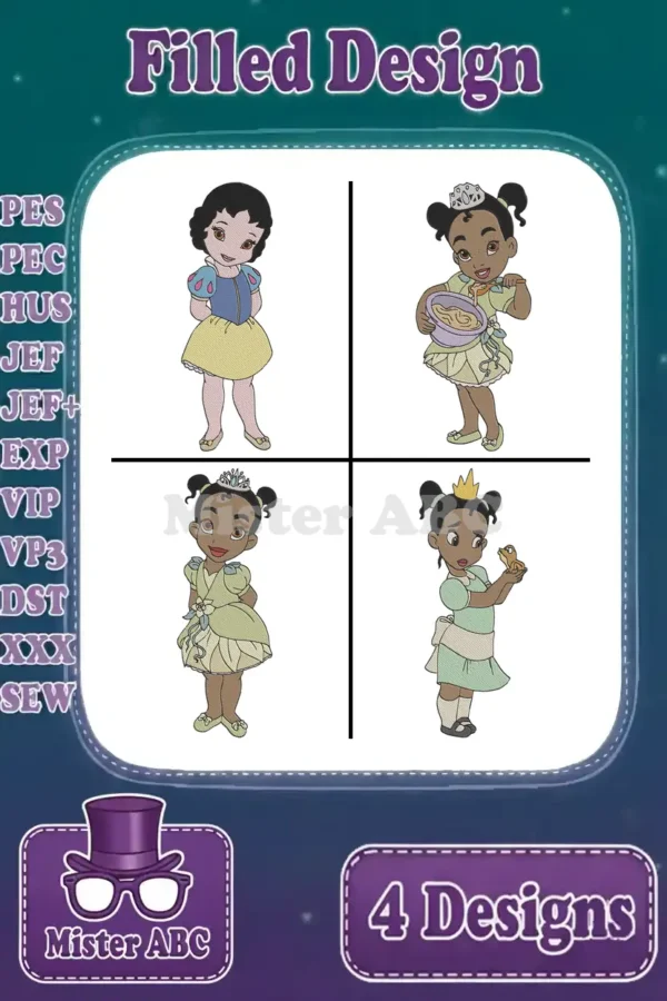 A vibrant collage showcasing four filled embroidery designs: Snow White and three unique poses of baby Princess Tiana, ideal for diverse projects.