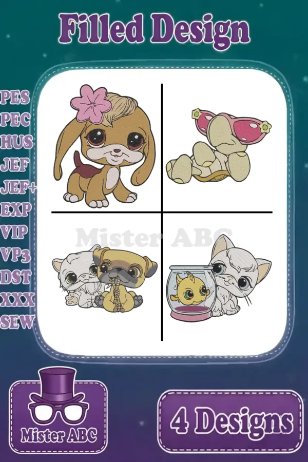 A vibrant main image displaying four unique filled embroidery designs of cartoon pets in various playful poses.