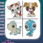Littlest Pet Shop Pets Calico Cat Dog Blue Lizard And Blue Gecko Characters - Filled Embroidery Design - Instant Download