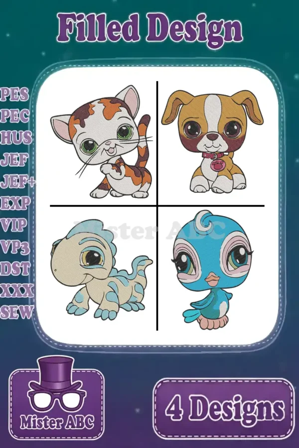 A vibrant collection of four cute filled embroidery designs: a cat, dog, dinosaur, and bird, ready for various projects.