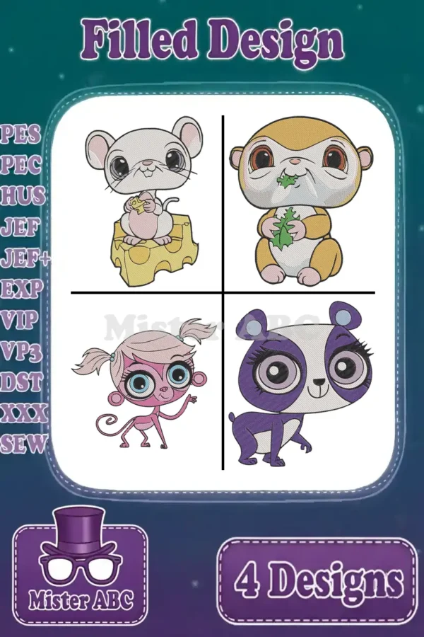 A vibrant display of four adorable filled embroidery designs: a mouse, two mischievous monkeys, and a sweet panda.