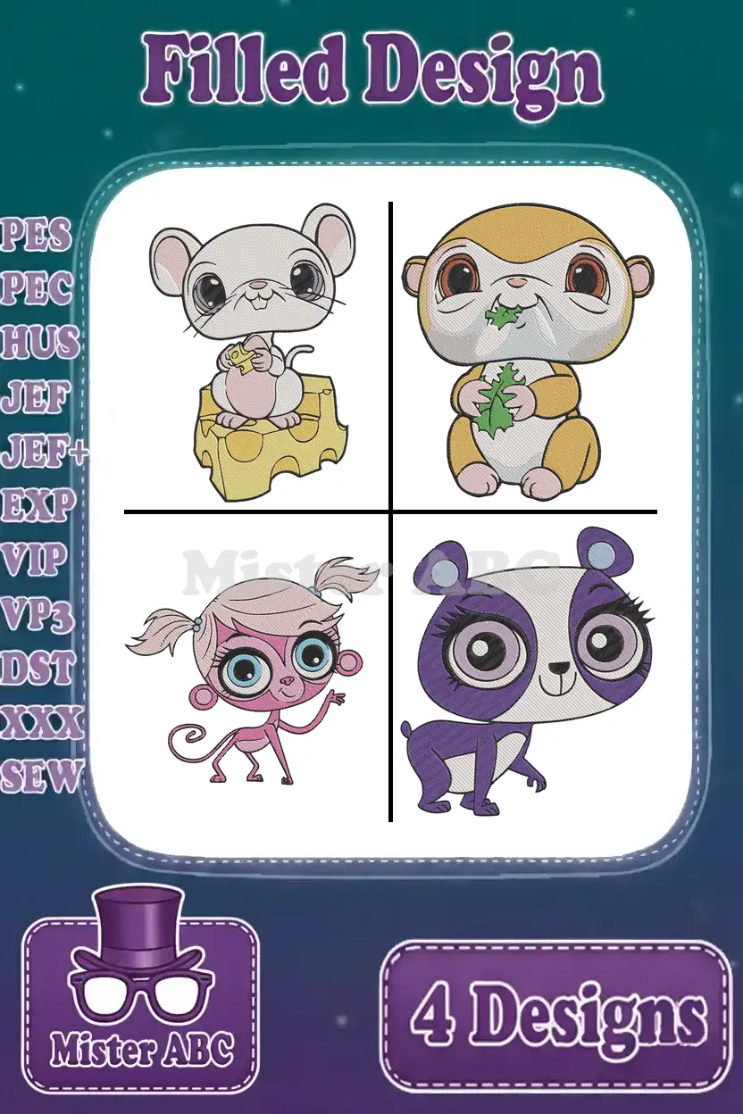 A vibrant display of four adorable filled embroidery designs: a mouse, two mischievous monkeys, and a sweet panda.