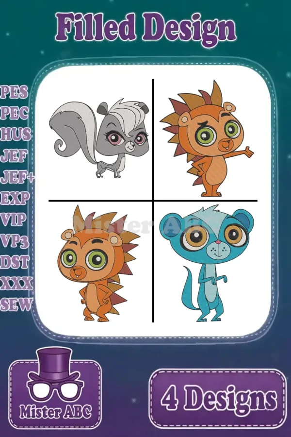 A vibrant collection of four Littlest Pet Shop filled embroidery designs, including Pepper Clark and friends.