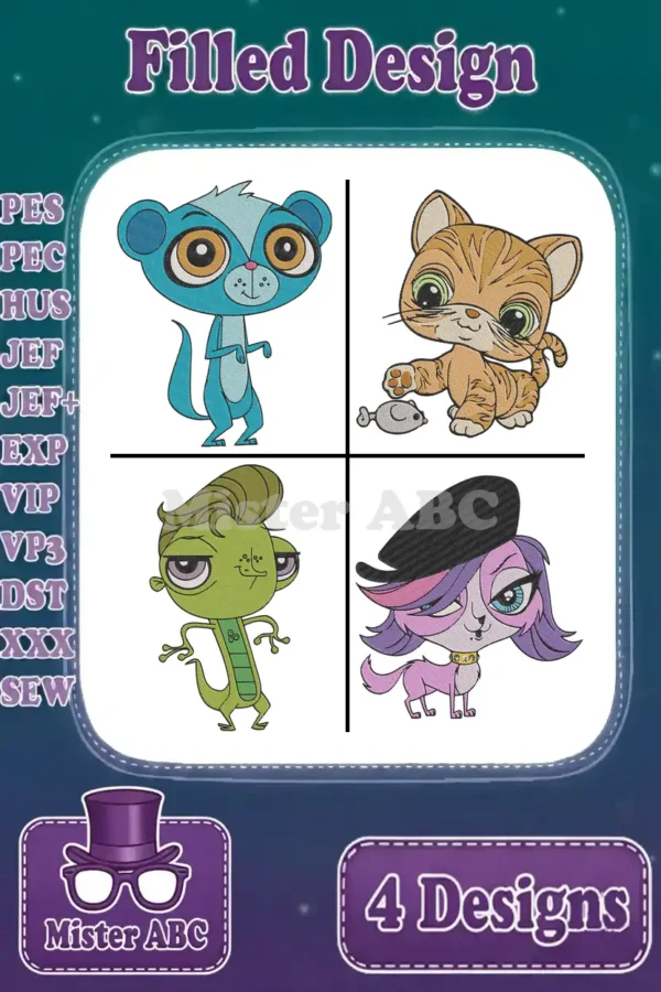 A vibrant embroidery bundle displaying four popular animated pet characters: Vinnie, a cat, a chameleon, and Zoe.