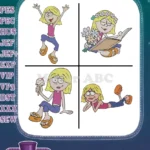 Lizzie Mcguire Animated Lizzie Jumping Ice Cream Reading And Relaxing Poses - Filled Embroidery Design - Instant Download