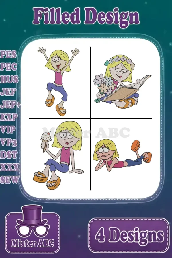 Main product image showing a bundle of four filled embroidery designs featuring a blonde cartoon girl in various poses.