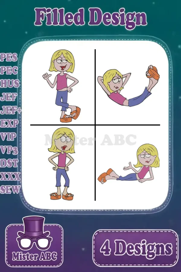 Main image displaying four distinct Lizzie McGuire filled embroidery designs, suitable for various machine formats.