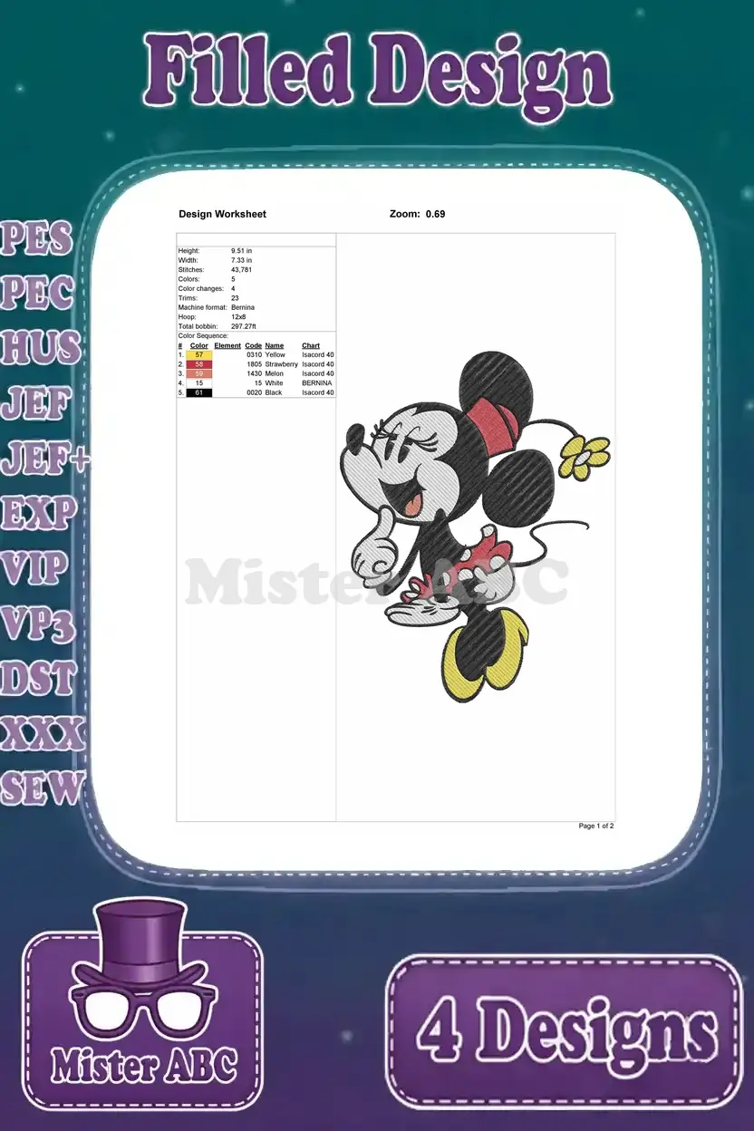 Detailed design worksheet for Minnie Mouse embroidery, showing dimensions, stitch count, and color sequence.