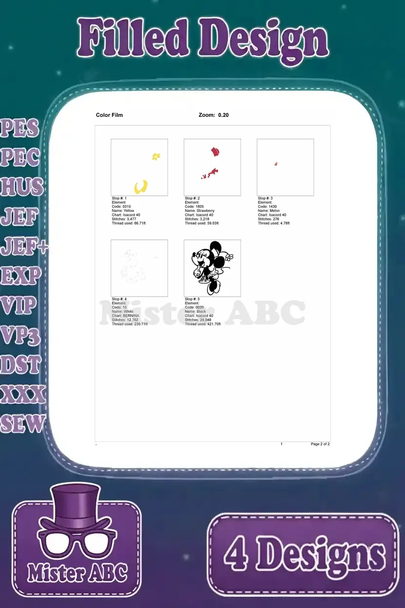 Color film for the Minnie Mouse embroidery design, illustrating the exact stitch order for each thread color.