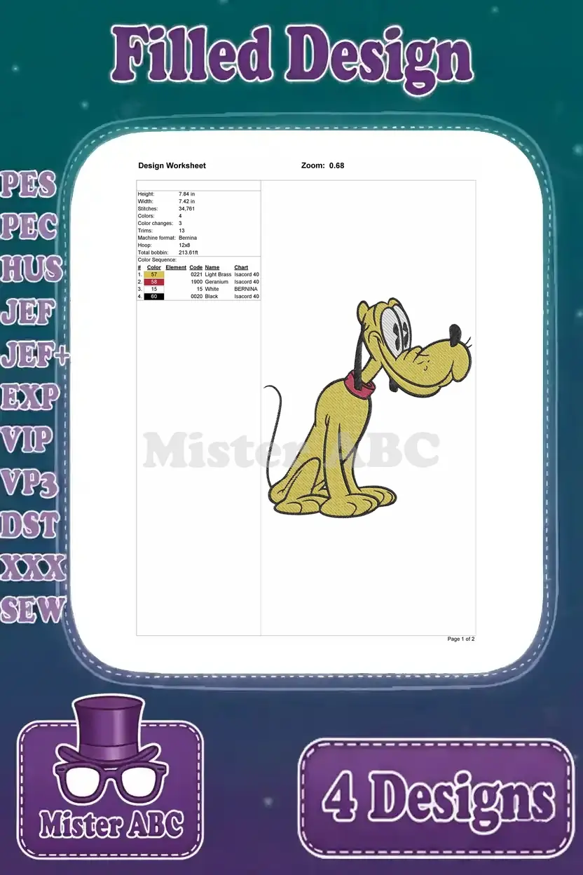 Design worksheet for Pluto (sitting, looking right) embroidery, with dimensions, stitch count, and color details.