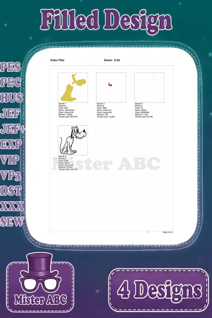 Color film for Pluto (sitting, looking right) embroidery, showing the exact sequence of thread application.