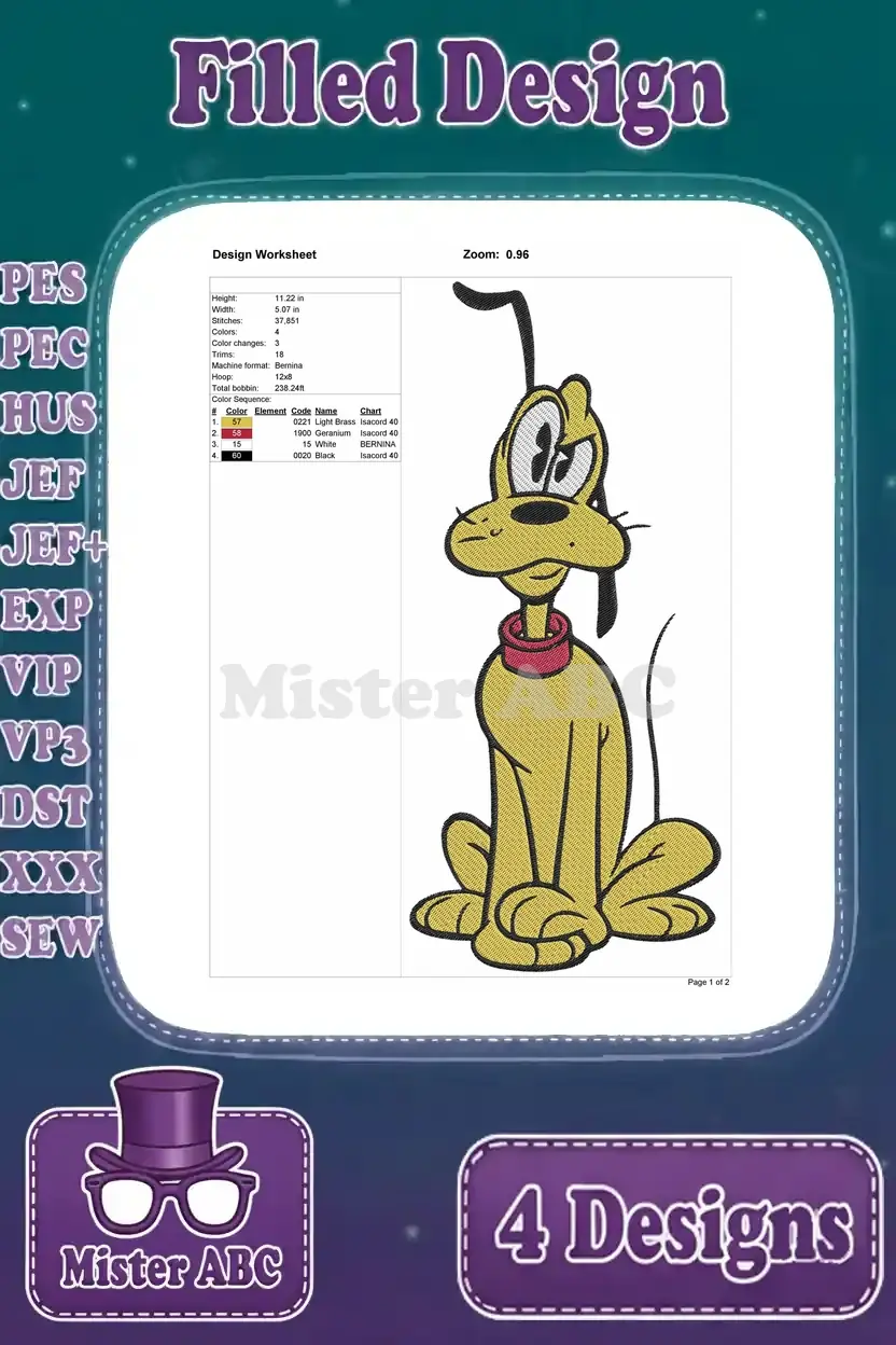 Design worksheet for Pluto (sitting upright) embroidery, detailing dimensions, stitch count, and thread colors.